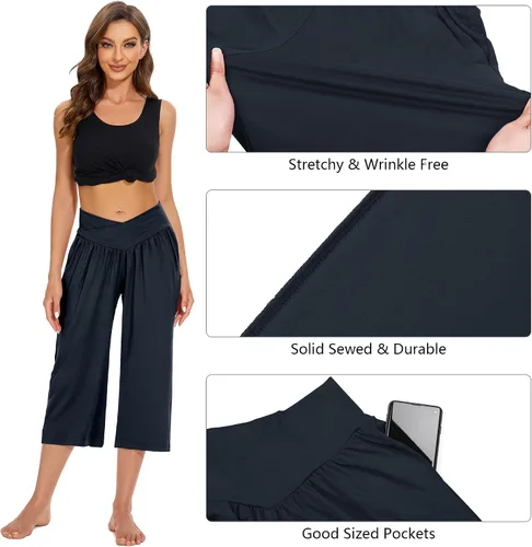 Vista 6 de Pantalones capri para mujer, para yoga, descanso, pierna ancha, holgados, cruzados, cintura alta, pantalones capri de verano