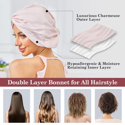 Vista 47 de Gorro de satén de seda ajustable para envolver el cabello para dormir, gorro de dormir de doble capa, turbante nocturno para cabello largo y rizado