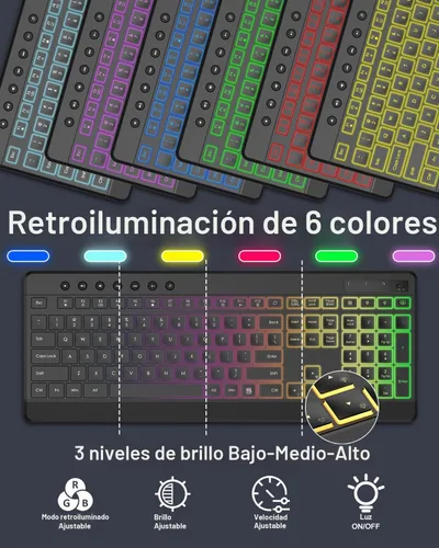 Vista 3 de EDJO Combo de teclado y mouse inalámbricos, 10 efectos retroiluminados, teclado USB recargable de tamaño completo silencioso de 2.4 GHz con 6 negro