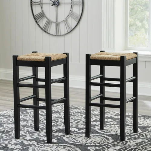 Vista 2 de Signature Design by Ashley Mirimyn Farmhouse - Taburete de bar de altura de barra de 29.5 pulgadas con asientos de mimbre tejido, 2 unidades, negro