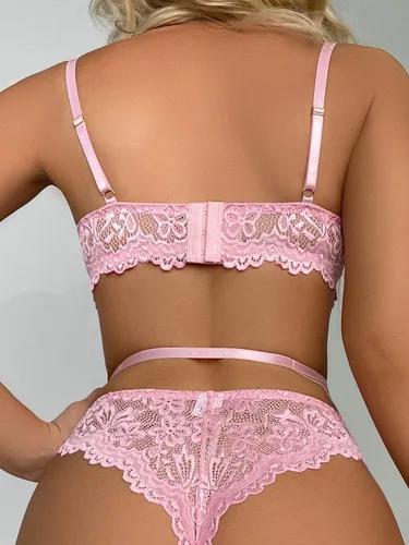Vista 2 de OYOANGLE Conjunto de lencería de malla de encaje floral para mujer, body con liguero