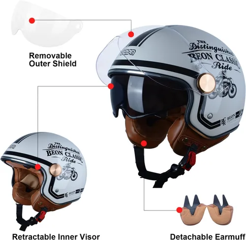 Vista 4 de Casco de moto de cara abierta para adultos, aprobado por DOT, 3/4 retro Vespa, con viseras duales, para motoneta, crucero, bobber y chopper