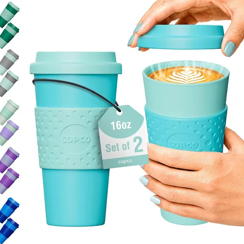 Vista 8 de Copco Acadia - Taza de viaje de 16 onzas con tapa, juego de 2 vasos aislados de doble pared, funda antideslizante y sin BPA, apta para microondas