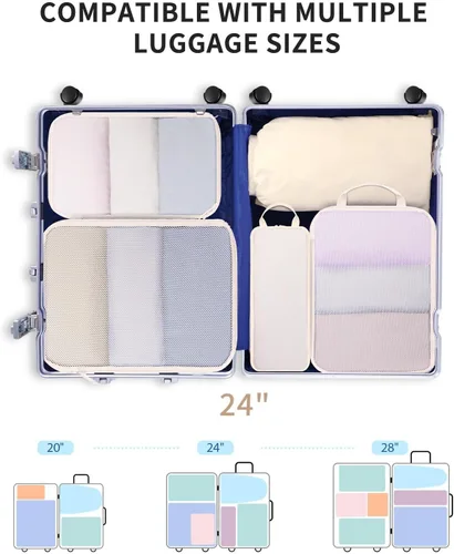 Vista 4 de Ceneda Juego de 7 cubos de compresión de embalaje para viajes, bolsas organizadoras de equipaje, organizador de maleta para artículos esenciales