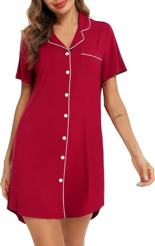Vista 4 de Pjmlifecoco Camisón para mujer, con botones, manga cortalarga, suave modal, ropa de dormir S-XXL