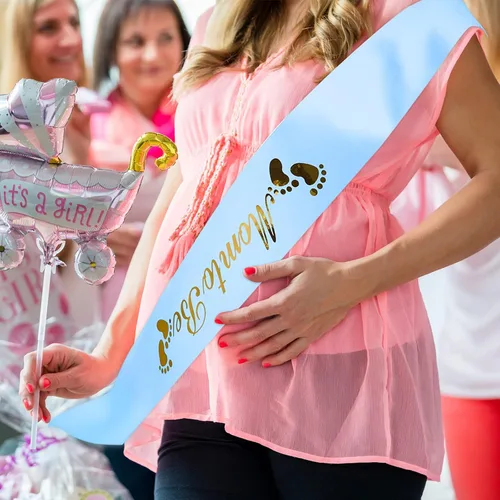 Vista 7 de Xinnun Kit de 5 bandas de maternidad para baby shower, banda de hombro y alfiler, corona de flores, corona de flores, banda para embarazo, tocado