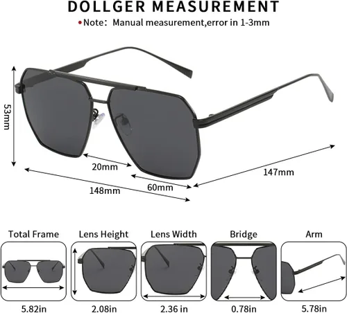 Vista 4 de Dollger Lentes de sol cuadrados de gran tamaño para mujeres y hombres, polarizados, estilo aviador, lentes de sol grandes retro