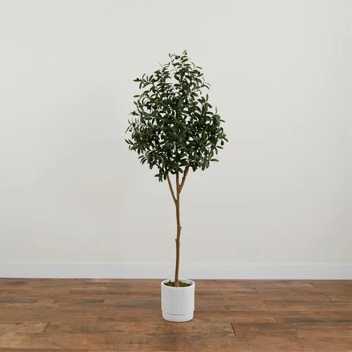 Vista 5 de Nearly Natural Árbol de olivo artificial de 6 pies con maceta decorativa blanca