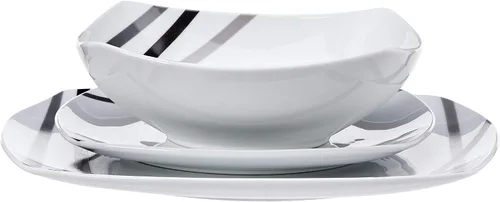 Vista 5 de Amazon Basics - Juego de vajilla de cocina de 18 piezas (platos y tazones cuadrados), servicio para 6 - Rayas modernas