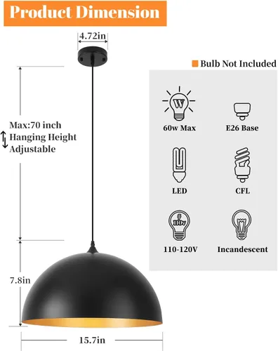 Vista 4 de Luces colgantes negras de 15.7 pulgadas para isla de cocina, lámpara colgante industrial grande dorada para interiores, para comedor, dormitorio