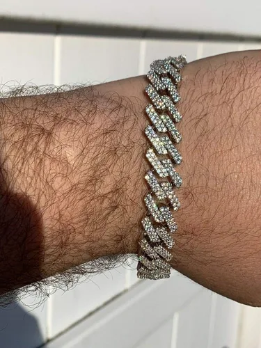 Vista 8 de HarlemBling Cadena o pulsera cubana de plata de ley 925 maciza para hombre, eslabones cubanos Hip Hop de 0.472 in - ICY, Metal, Circonita cúbica