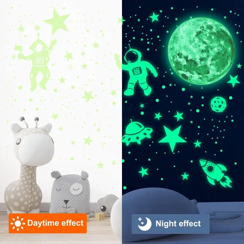 Vista 5 de Estrellas que brillan en la oscuridad para techo, calcomanías de pared de luna que brilla en la oscuridad y espacio, pegatinas de pared luminosas