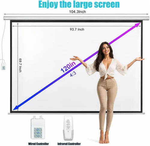 Vista 8 de Pantalla de proyector motorizada de 120 pulgadas, pantalla de proyector eléctrica 4:3 con control remoto, pantalla de cine HD para interiores