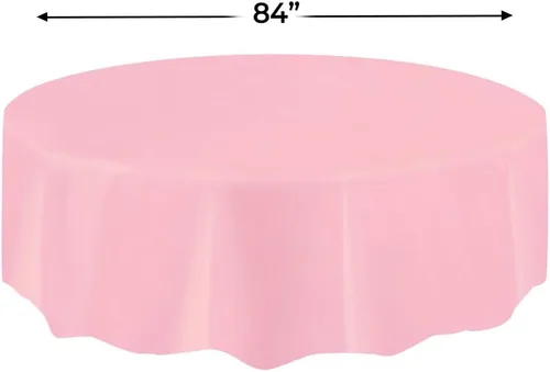 Vista 2 de Mantel redondo de plástico liso rosa liso, 84 pulgadas, 1 paquete, calidad premium, impermeable y duradero, perfecto para fiestas, celebraciones