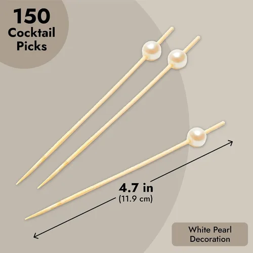 Vista 4 de Okuna Outpost Palillos de dientes para aperitivos, 4.7 pulgadas, perla blanca, 150 unidades, brochetas de bambú para selecciones de cóctel