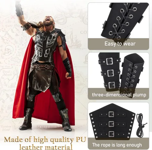 Vista 7 de Sanwuta 4 piezas de cuero de Halloween de un solo hombro armadura de cuero sintético protectores de brazo medievales de caballero vikingo, disfraz