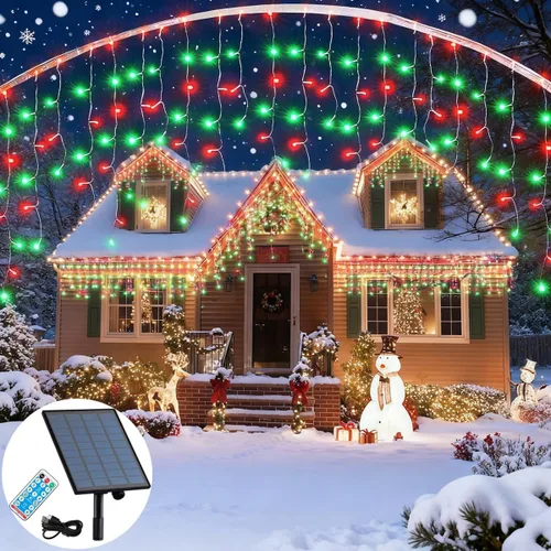 Vista 9 de Luces solares de Navidad de 320 LED, luces de cortina impermeables para decoraciones navideñas al aire libre, 29.5 pies, 60 gotas, 8 modos, luces
