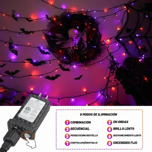 Vista 4 de Luces de cuerda de Halloween de 100 LED, 33 pies, luces titilantes naranjas y moradas con 8 modos, impermeables para decoración de fiesta