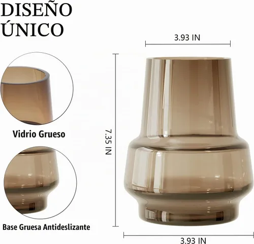 Vista 3 de Relexome Jarrón de cristal ámbar con diseño moderno, jarrón decorativo de boca ancha marrón, regalo para decoración del hogar, sala de estar, mesa