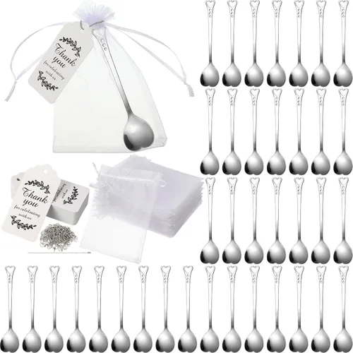 Vista 8 de Meanplan Juego de 50 cucharas de corazón doradas para fiestas, cucharas de café de acero inoxidable con bolsas de organza, tarjetas