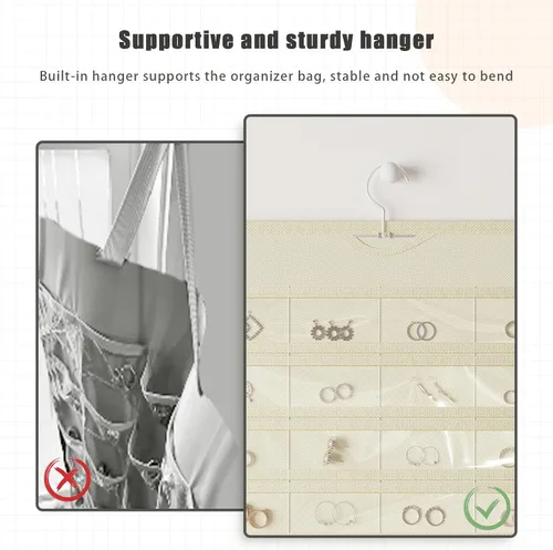 Vista 7 de Organizador colgante de joyas con 80 bolsillos de almacenamiento de doble cara, 1 paquete, color beige
