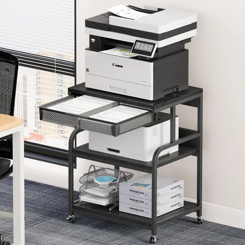 Vista 14 de EasyCom Soporte de impresora grande con cajón de almacenamiento, 5 estantes ajustables y carrito rodante de 3 niveles con ruedas industriales