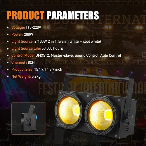 Vista 7 de Dreamland 200W LED Etapa Blinder, luz blanca fresca y cálida LED par luces COB, luces de la audiencia de la etapa con DMX/control automático
