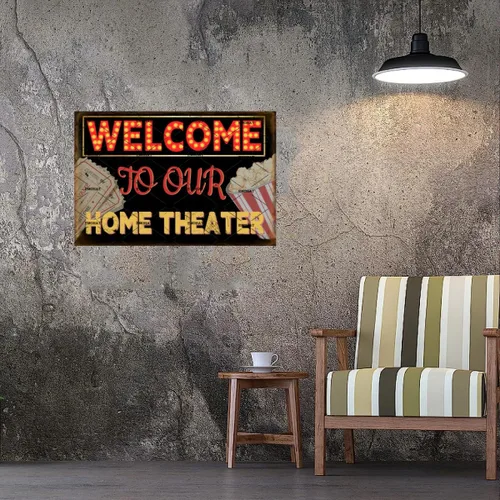 Vista 5 de EMOHAT Letrero de metal retro con texto en inglés "Welcome To Our Home Theater" (Bienvenido a nuestro cine en casa), póster de metal vintage