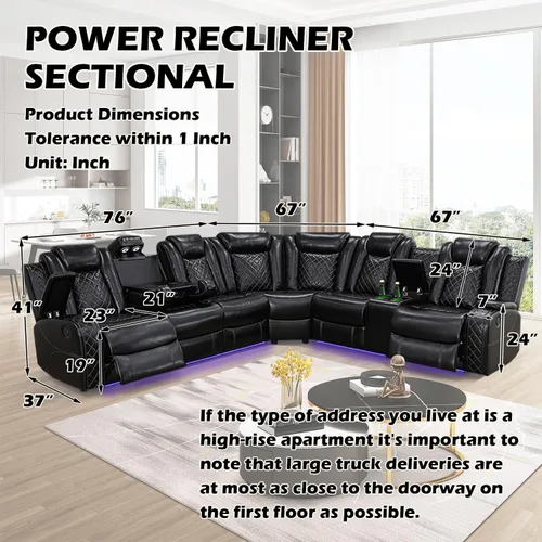 Vista 2 de Sofá Seccional Reclinable Eléctrico, Sofá Modular Seccional Reclinable de Cuero Negro, Sofá de Cuero en Forma de L con Luces LED/Cargador