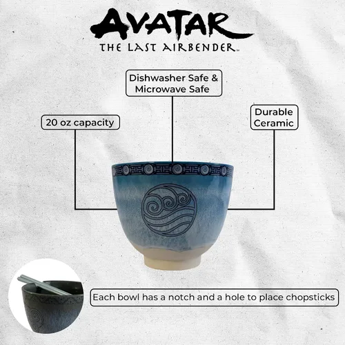 Vista 2 de Surreal Entertainment Avatar The Last Airbender Four Nations - Juego de tazones de sopa y palillos Ramen-Tic, juego de 4 cuencos de fideos Ramen