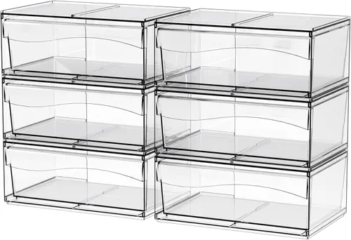 Vista 9 de Paquete de 6 cajones de almacenamiento apilables transparentes, organizador de maquillaje de baño grande de 12 pulgadas de ancho y bolígrafo, lentes