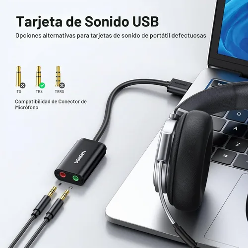 Vista 2 de UGREEN Adaptador de audio USB, con tarjeta de sonido estéreo externa, con auriculares de 3,5 mm y micrófono, con conector, para Windows, Mac, Linux