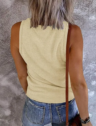 Vista 2 de Merokeety Camiseta sin mangas, con cuello en V, para mujer, acanalada, con botones, informal, camisa estilo Henley