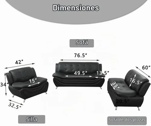 Vista 2 de Sofás de cuero para sala de estar, juego de sofá para dormitorio, apartamento, juegos de muebles de sala (a-cuero negro, sofá+sofá biplaza+silla)