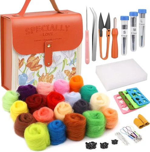 Vista 8 de Kit de fieltro con aguja Mayboos, juego de lana mecha de 20 colores, kit de fieltro de lana con moldes de fieltro y caja de almacenamiento portátil