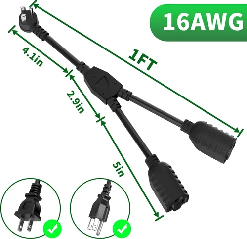 Vista 2 de Elecan Cable de extensión de alimentación divisor en Y de 3 clavijas de 1 FT, enchufe plano en ángulo de 45 grados, salida de 1 a 2 vías, ahorro