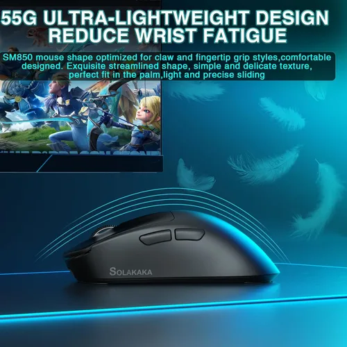 Vista 7 de SOLAKAKA SM850 - Ratón inalámbrico para juegos, 24000 DPI, mouse ligero de 1.97 oz, 6 botones programables, mouse ergonómico para computadora, tres