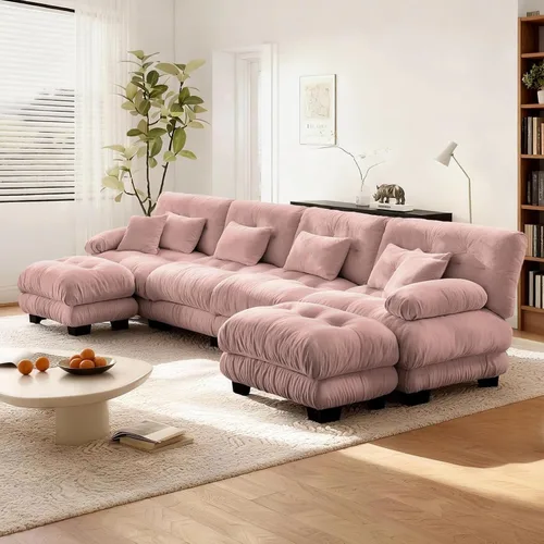 Vista 90 de Reposapiés Otomano Tapizado de Terciopelo con Cojín para Sofá Seccional Sofá 300 libras para Sala de Estar (Beige)
