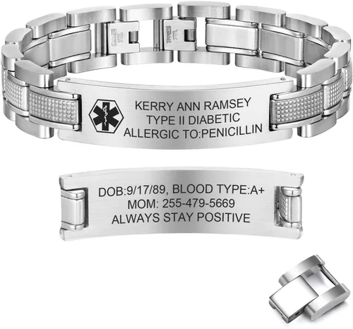 Vista 8 de Free Custom Engraving Medical ID Bracelet 2-tone Blue Black Titanium Steel Heavy Masculine Elaborate Men's Medical Alert Bracelet Wristband Jewelry