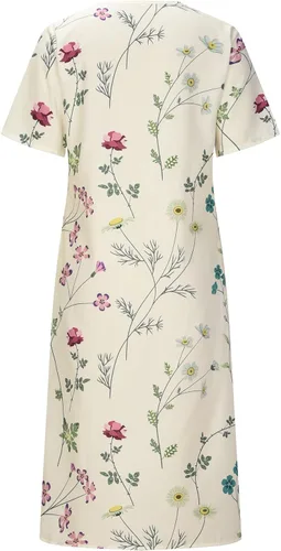 Vista 7 de Vestido casual con estampado floral para mujer, vestido de verano con cuello redondo, manga corta, plisado, vestido midi para fiesta en la playa