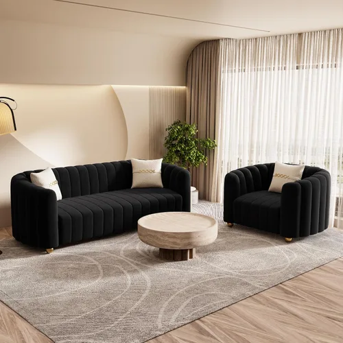 Vista 19 de Moderno juego de sofá de terciopelo negro de 3 piezas para sala de estar, juego de sofá curvado acolchado con patas de esfera de metal dorado