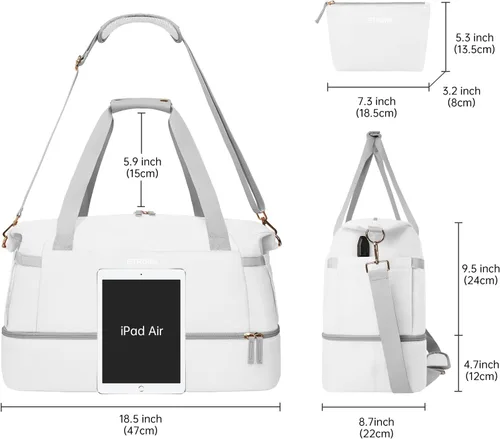 Vista 6 de ETRONIK Bolsa de gimnasio para mujer, bolsa de viaje con puerto de carga USB, bolsa de fin de semana con bolsillo húmedo y compartimento