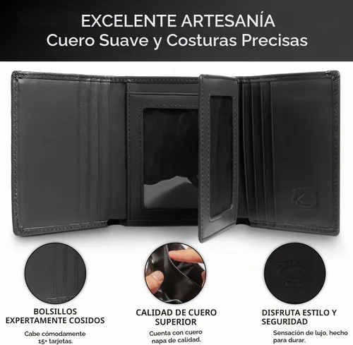 Vista 3 de Stealth Mode cartera de cuero RFID plegable para hombres con soporte para identificación abatible, Negro, Talla única