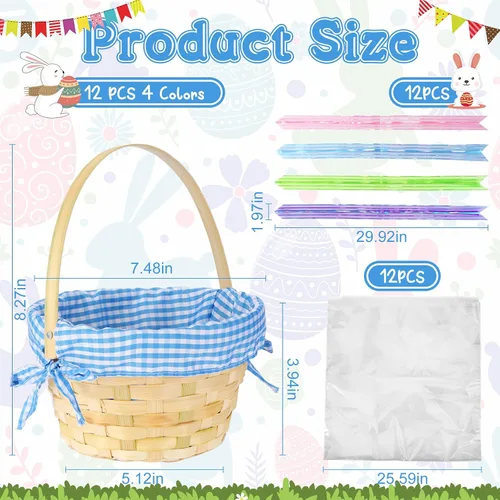 Vista 2 de Weysat Juego de 12 cestas de Pascua de bambú a granel, con asa redonda tejida transparente, bolsa de envoltura, lazo de conejo, papel de vidrio