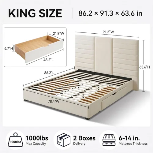 Vista 3 de Cabecero alto tapizado con plataforma King con 2 cajones de almacenamiento Cabecero de 63.6 pulgadas de alto, listones de madera resistentes, sin
