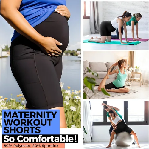 Vista 5 de Buauty Pantalones cortos de maternidad para mujer con bolsillos sobre el vientre, yoga, correr, atletismo, embarazo, pantalones cortos de descanso