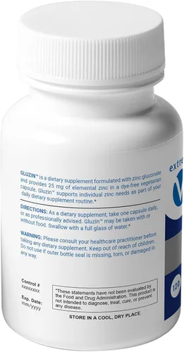 Vista 2 de Suplemento de zinc Gluzin™ 25 mg Gluconato de zinc Etiqueta limpia, 120 cápsulas vegetarianas pequeñas Opción suave y de dosis baja para apoyo