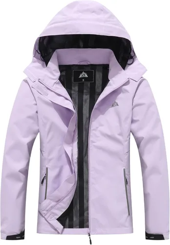 Vista 8 de MOERDENG Chaqueta impermeable para mujer, chaqueta de lluvia ligera con capucha, chaqueta de senderismo de softshell, rompevientos Negro