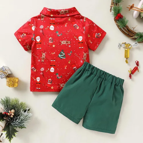 Vista 3 de JEELLIGULAR Conjunto de pantalones cortos y camisa con botones y estampado de Papá Noel para niños pequeños