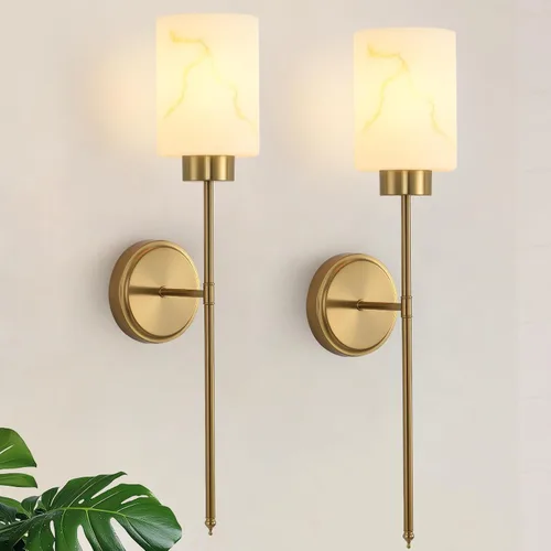 Vista 9 de Juego de 2 apliques de pared dorados con pantalla de vidrio de mármol, accesorios modernos de tocador de baño para dormitorio, pasillo, entrada